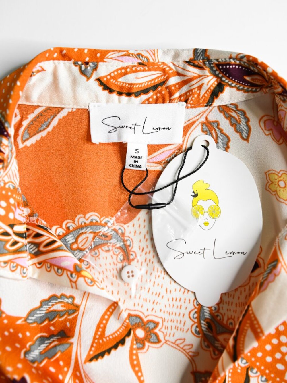 SWEET LEMON Orange Floral Collared Long Sleeve V-Neck Mini Dress - Size Small - Picture 7 of 10